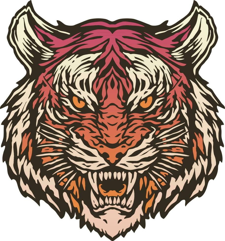 The head of a tiger with a big grin with colorful vintage tattoo style illustration vector