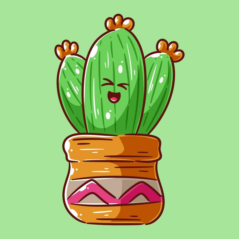 Cute cactus having happy laughing face expression with pot vector