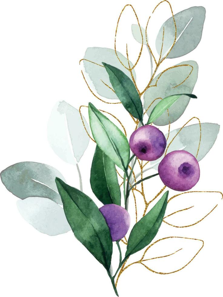 acuarela dibujo, un ramo de flores de flores y hojas de eucalipto con dorado elementos vector