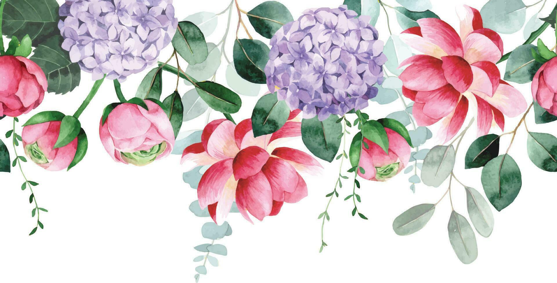 watercolor seamless border, frame with pink flowers of rose, peony, hydrangea and eucalyptus leaves vector