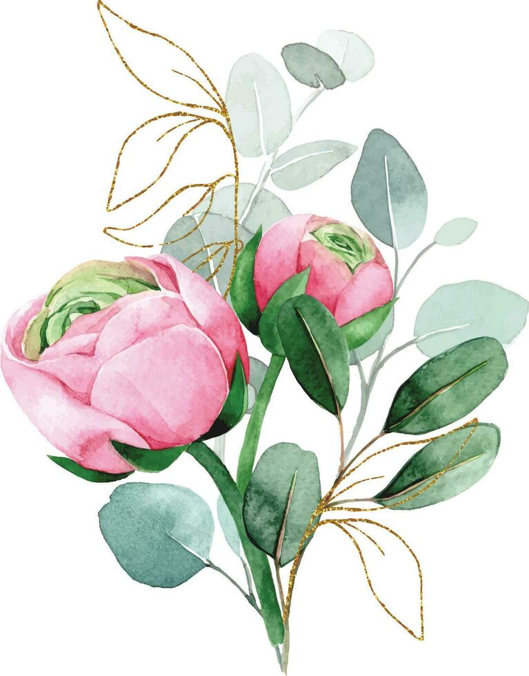 acuarela dibujo, un ramo de flores de flores y hojas de eucalipto con dorado elementos vector