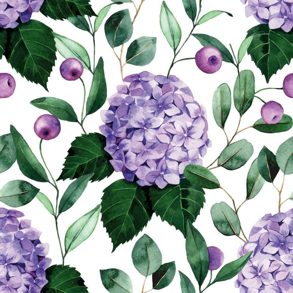 watercolor seamless pattern with purple hydrangea flowers and eucalyptus leaves on white background vector