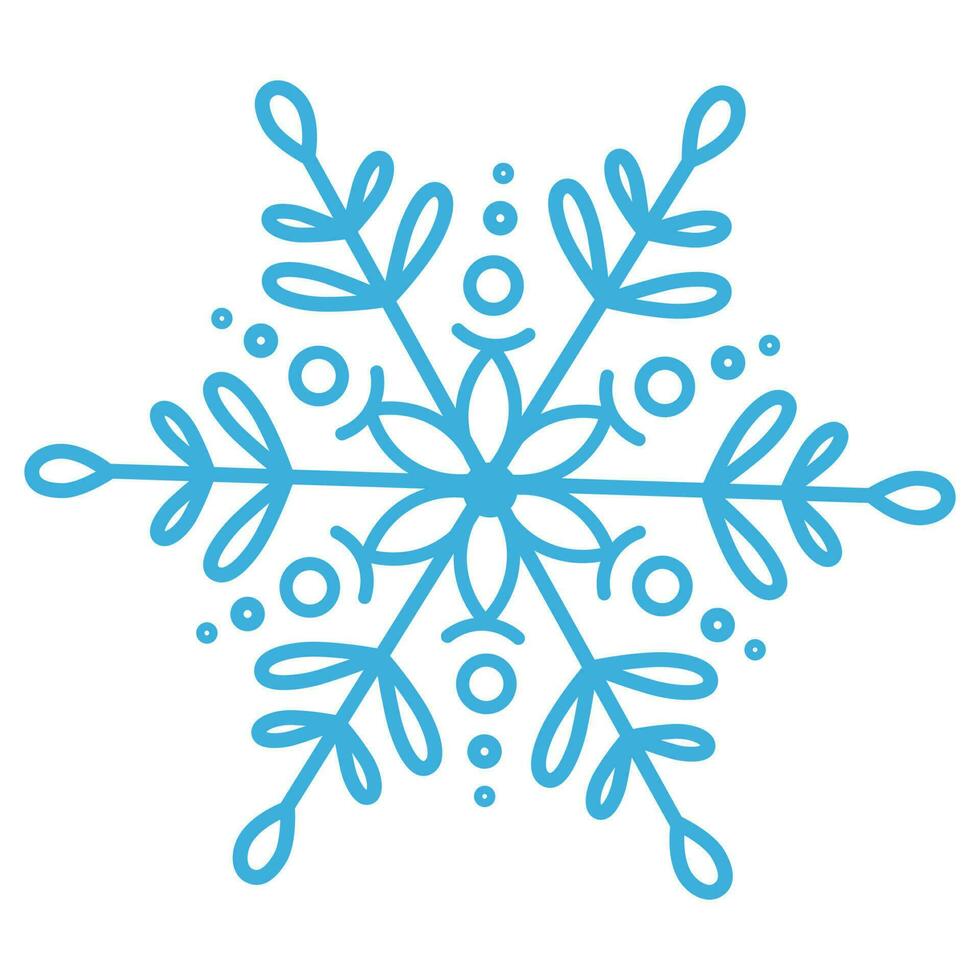 Blue snowflake with beautiful rounded leaves and a flower in the middle. Winter vector illustration.