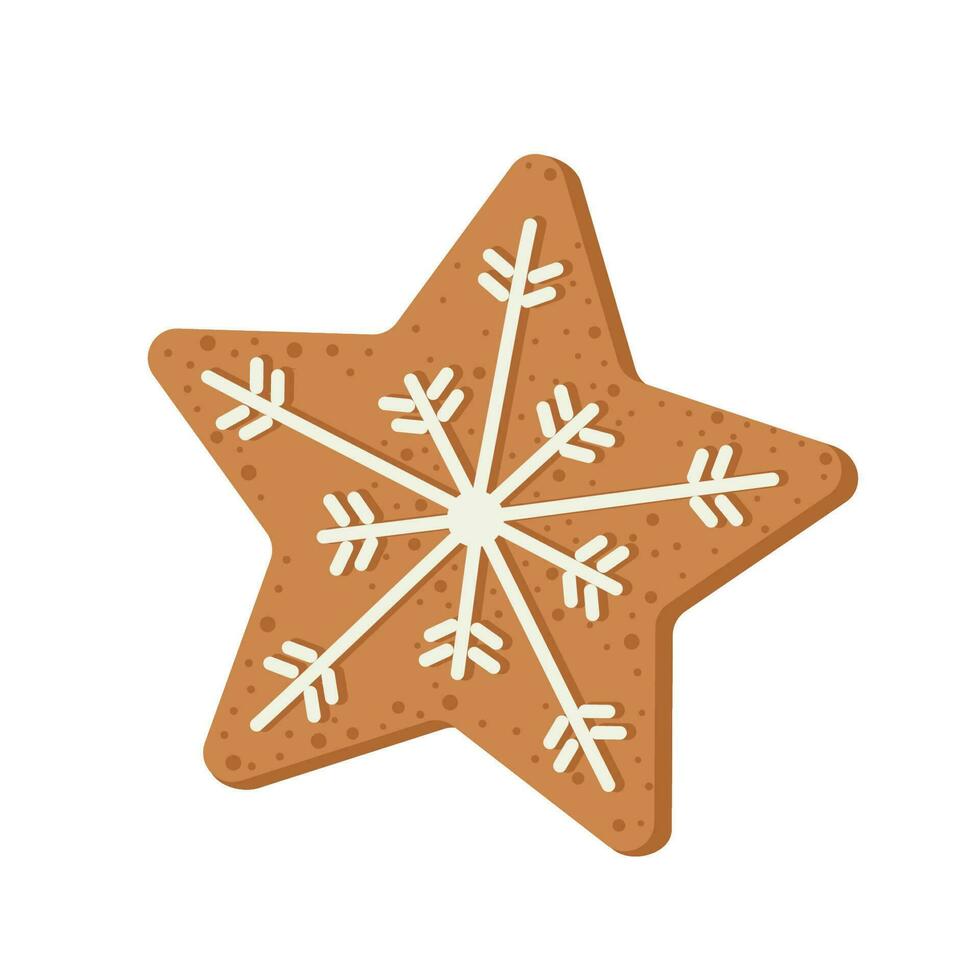 Christmas cute cookies in the form of a star with a snowflake of white icing. Vector Christmas illustration.