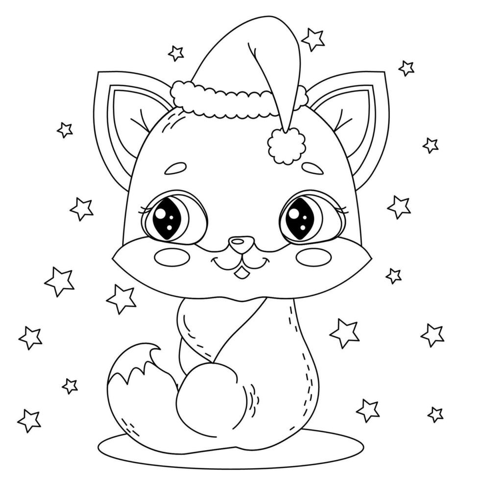 Children's isolated coloring cute Christmas kitty sitting in a Santa hat, snowflakes around. vector