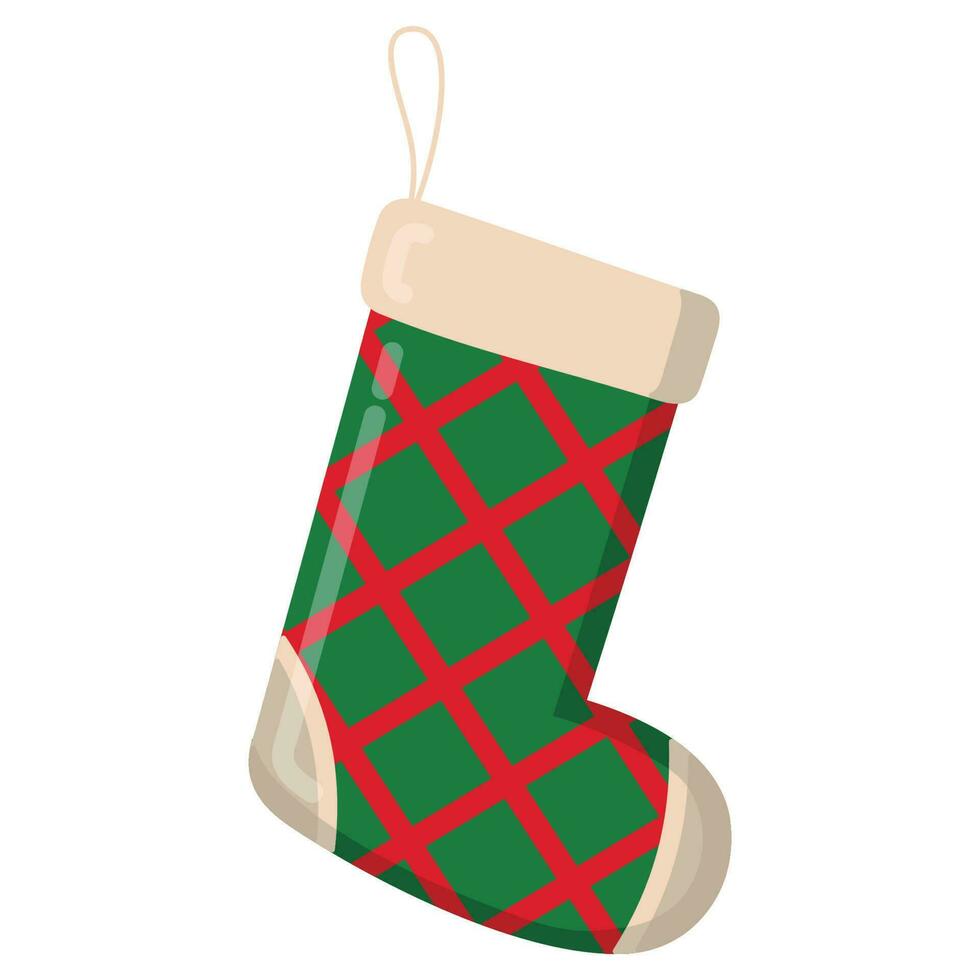Christmas toy green sock in red plaid for Christmas gifts on a string. Vector illustration.