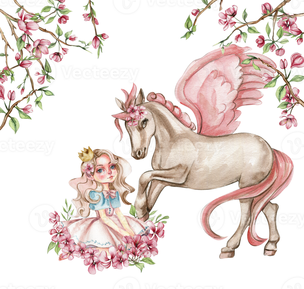 White unicorn with pink wings and pink flowers. For nursery, baby shower, invitation for birthday party. Watercolor illustration for greeting card, posters, stickers, packaging. png