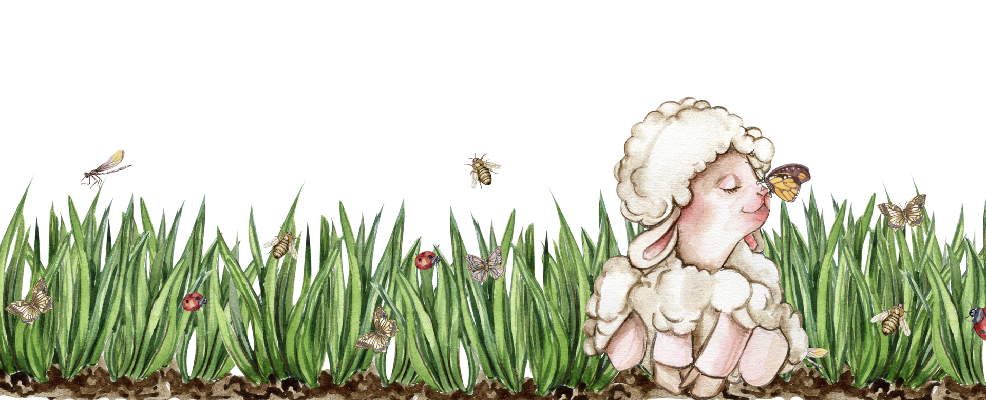 White fluffy sheep sitting in the field of grass with flowers and butterflies. Watercolor hand drawn illustration of farm baby animal . Perfect for greetings card, poster, fabric pattern. png