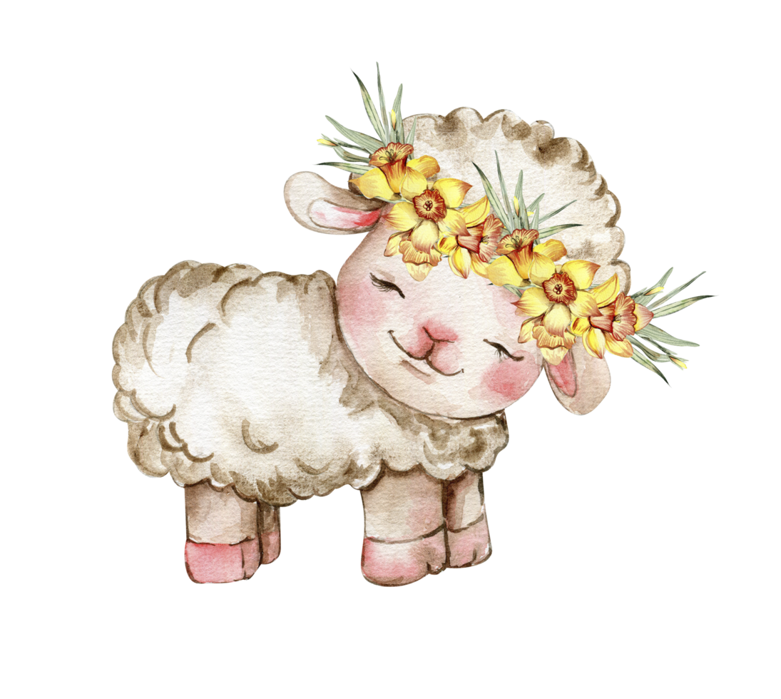 Watercolor white fluffy sheep with wreath made from yellow narcissus flowers on its head. Illustration of farm baby animal. Perfect for wedding invitation,greetings card,poster, fabric patterns. png