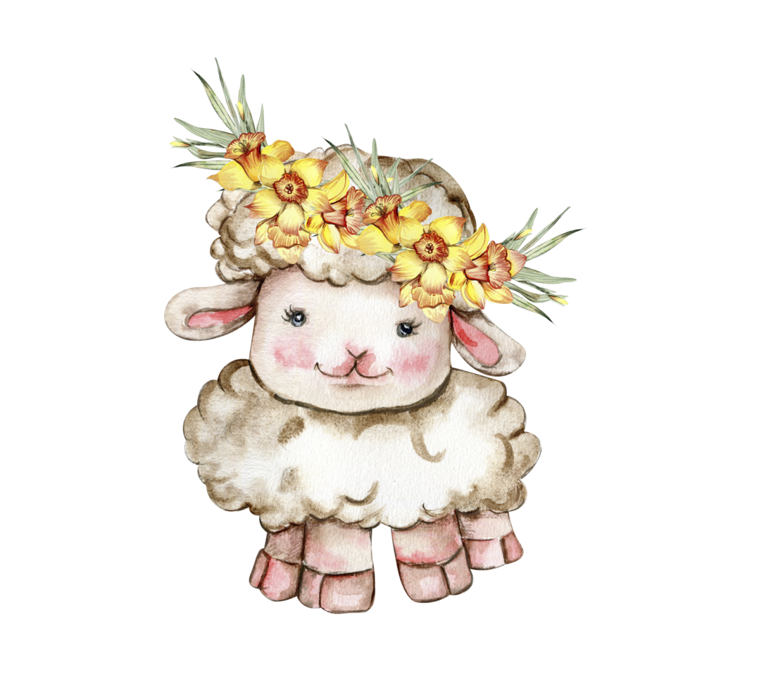 Watercolor white fluffy sheep with wreath made from yellow narcissus flowers on its head. Illustration of farm baby animal. Perfect for wedding invitation,greetings card,poster, fabric patterns. png