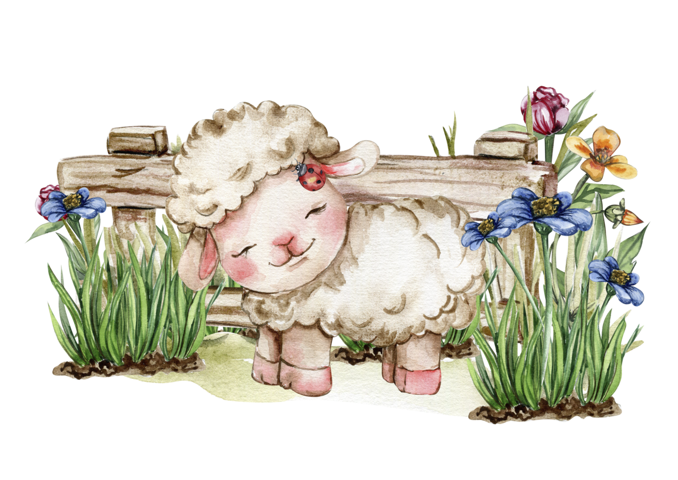 White fluffy sheep sitting in the grass with flowers and butterflies next to wooden fence. Watercolor hand drawn illustration of farm baby animal . Perfect for greetings card, poster, fabric pattern. png