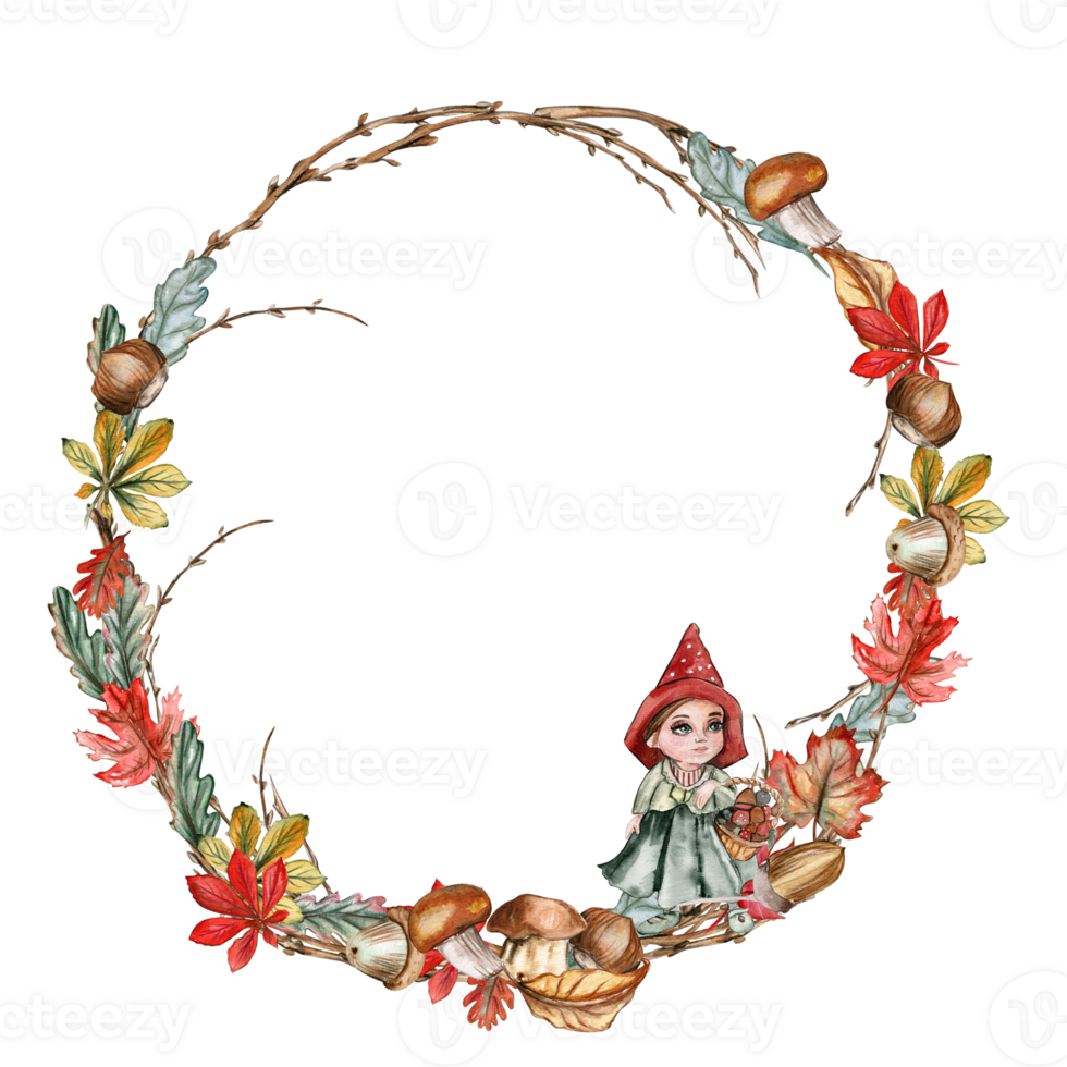 Fall wreath, for cards, backgrounds. Watercolor illustration for scrapbooking. Cartoon hand drawn background with flower for kids design. Perfect for wedding invitation. png