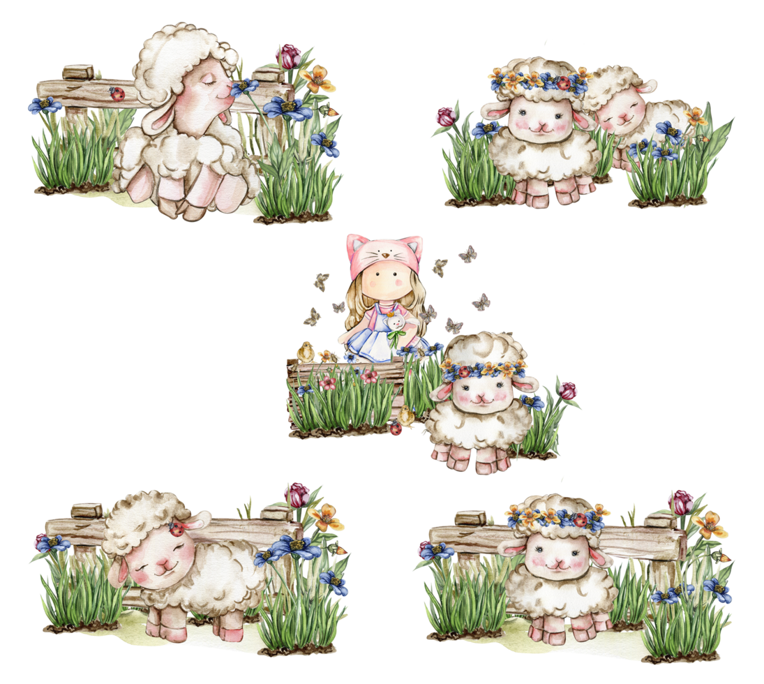 vit fluffig får Sammanträde i de gräs med blommor och fjärilar Nästa till trä- staket. vattenfärg hand dragen illustration av bruka bebis djur- . perfekt för hälsningar kort, affisch, tyg mönster. png