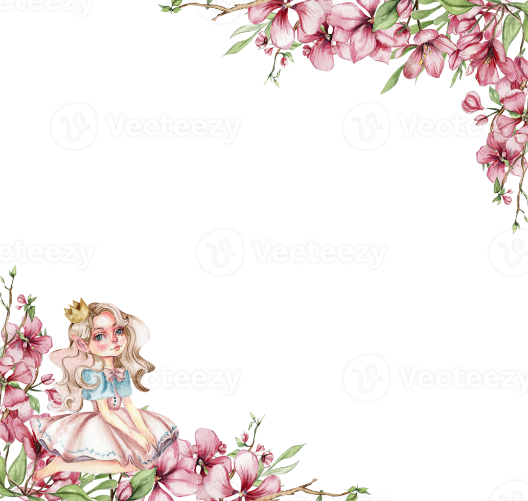 Watercolor square spring garden full of flowers frame in cartoon style with a flower fairy. Cartoon hand drawn illustration with flower princess for kids design. Perfect for wedding invitation. png