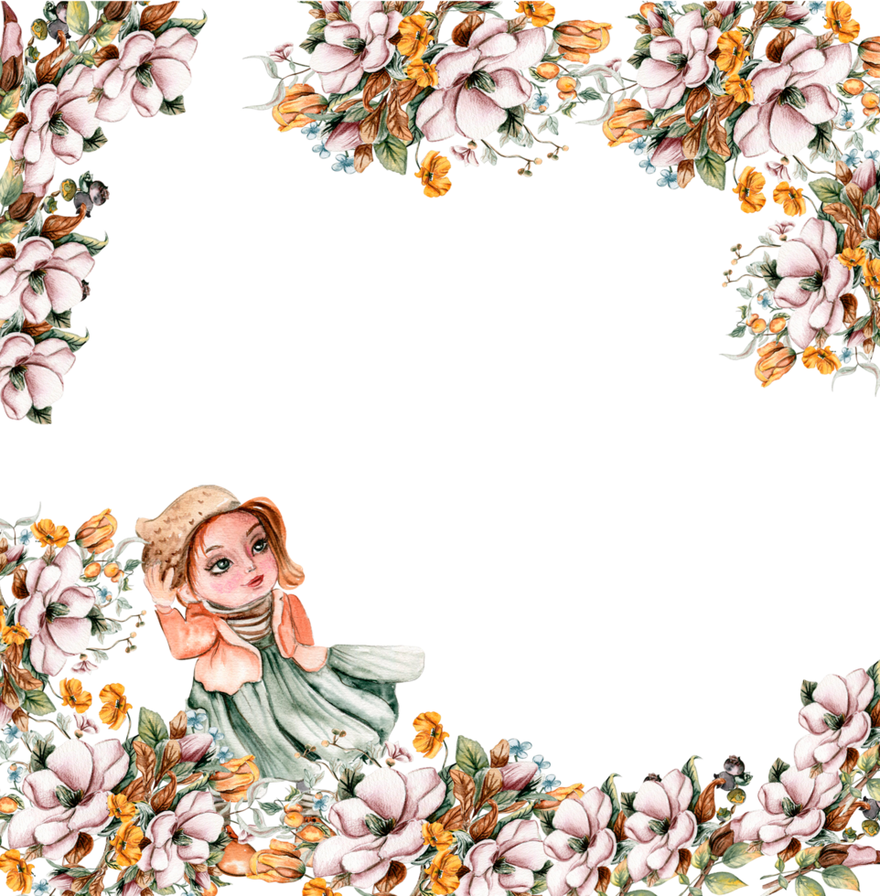 Flowers autumn square frame, border for card. Watercolor illustration for scrapbooking with flower for design. Perfect for wedding invitation. png