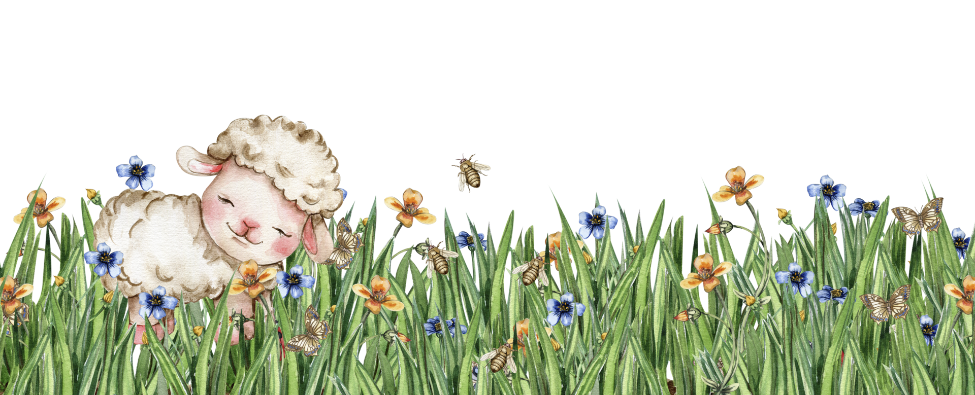 bianca soffice pecora seduta nel il campo di erba con fiori e farfalle. acquerello mano disegnato illustrazione di azienda agricola bambino animale . Perfetto per saluti carta, manifesto, tessuto modello. png