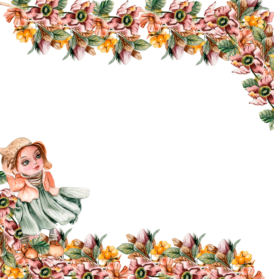 Flowers autumn square frame, border for card. Watercolor illustration for scrapbooking isolated . Hand drawn background with flower for design. Perfect for wedding invitation. png