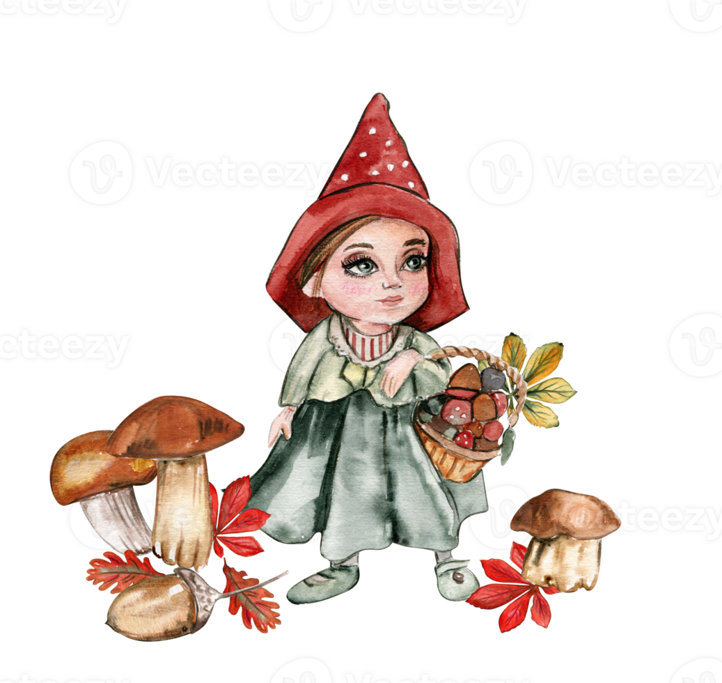 Composition of an autumn girl gnome . Hand drawn illustration of autumn. Perfect for scrapbooking, kids design, wedding invitation, posters, greetings cards, party decoration. png