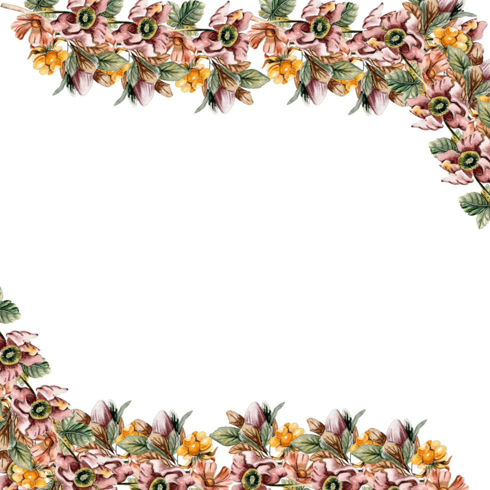 Flowers autumn square frame, border for card. Watercolor illustration for scrapbooking. Hand drawn background with flower for design. Perfect for wedding invitation. png