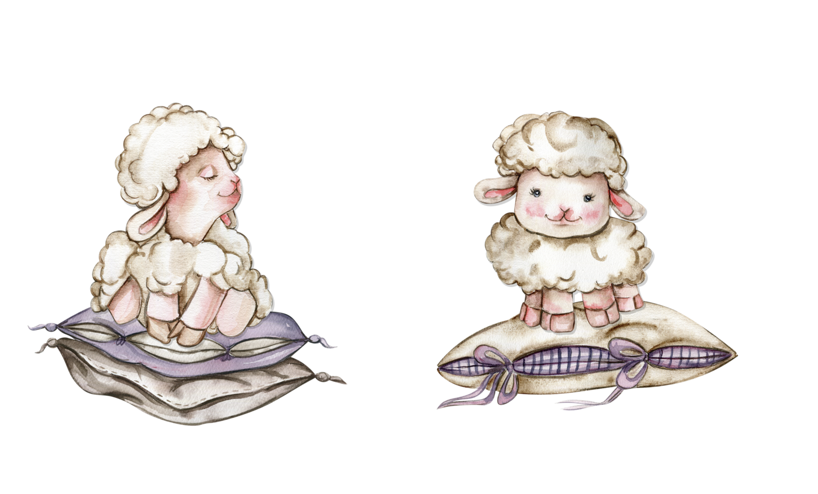 Watercolor hand drawn cute white fluffy sheep sitting on the soft pillow. Illustration of farm baby animal . Perfect for wedding invitation, greetings card, poster, fabric pattern. png