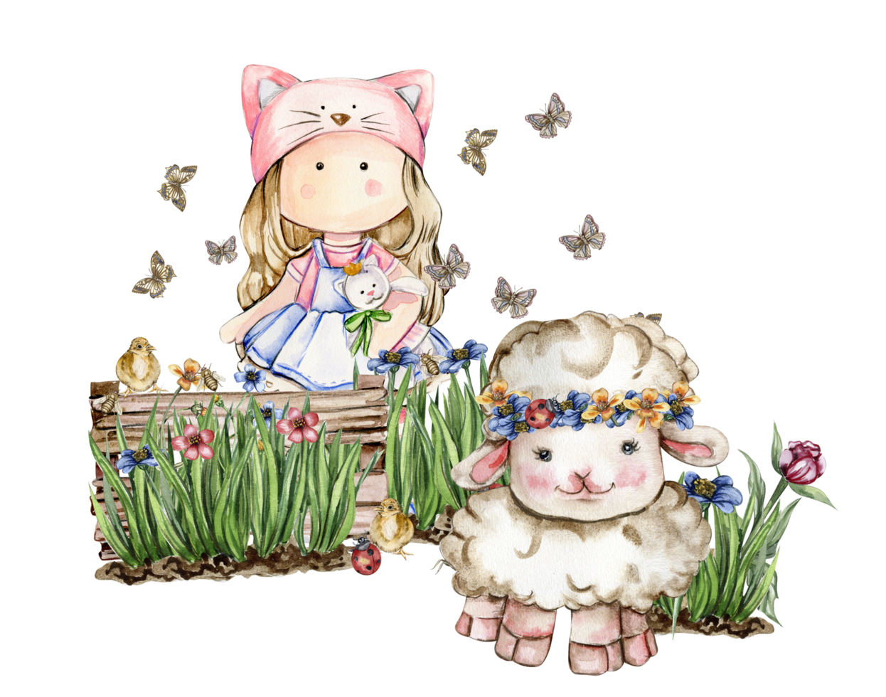 Girl Tilda doll and white fluffy sheeps sitting in the grass with flowers and butterflies. Watercolor hand drawn illustration of farm baby animal . Perfect for greetings card, poster, fabric pattern. png