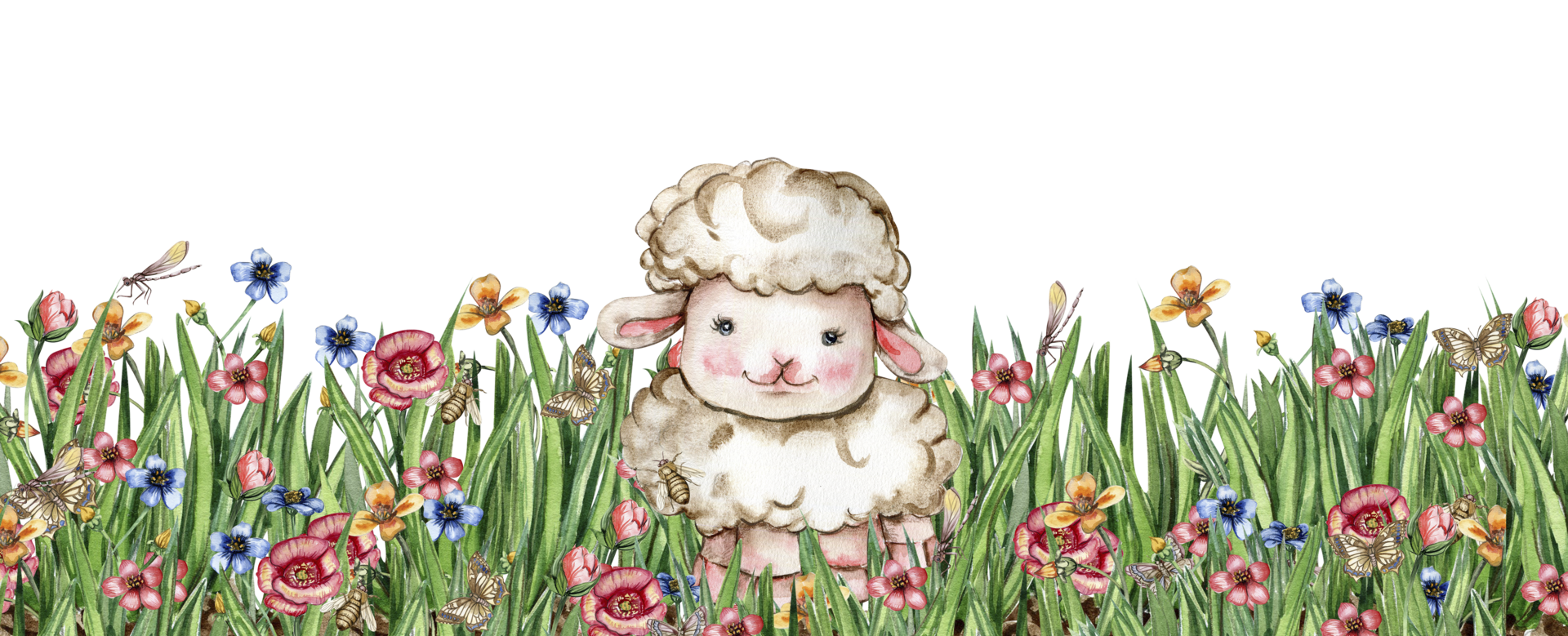 White fluffy sheep sitting in the field of grass with flowers and butterflies. Watercolor hand drawn illustration of farm baby animal . Perfect for greetings card, poster, fabric pattern. png