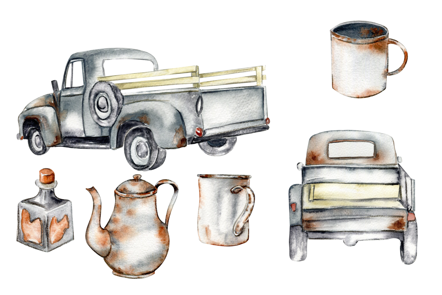 Vintage watercolor gray trucks and rusty garden equipment, hand drawn illustration of old car . png