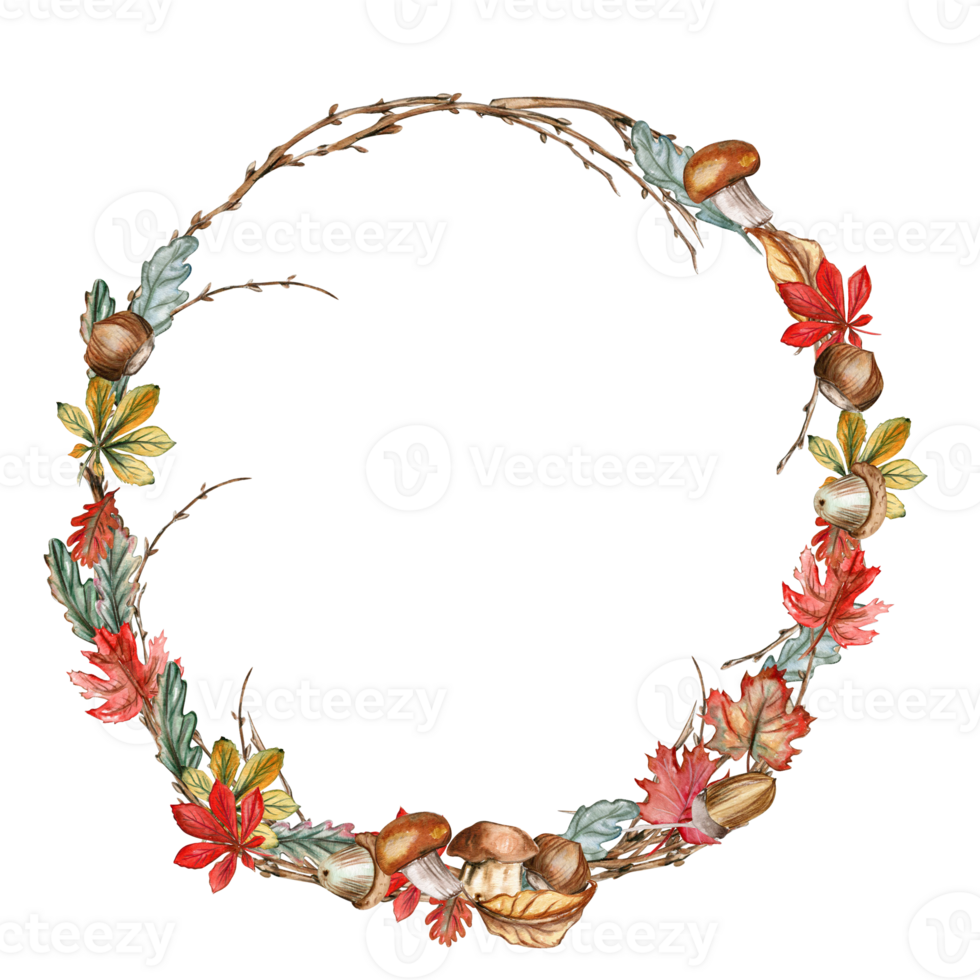 Fall wreath, for cards, backgrounds. Watercolor illustration for scrapbooking. Cartoon hand drawn background with flower for kids design. Perfect for wedding invitation. png