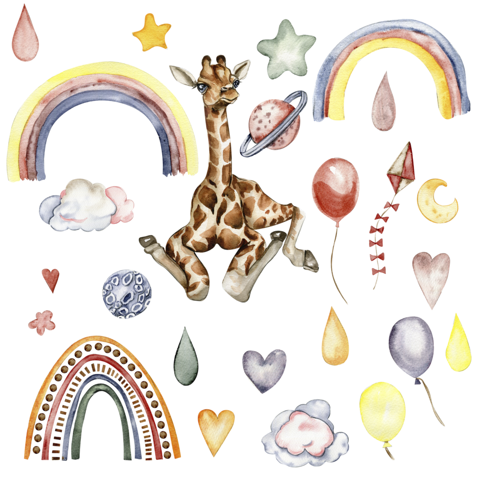 Watecolor hand drawn giraffe illustration and rainbow. png