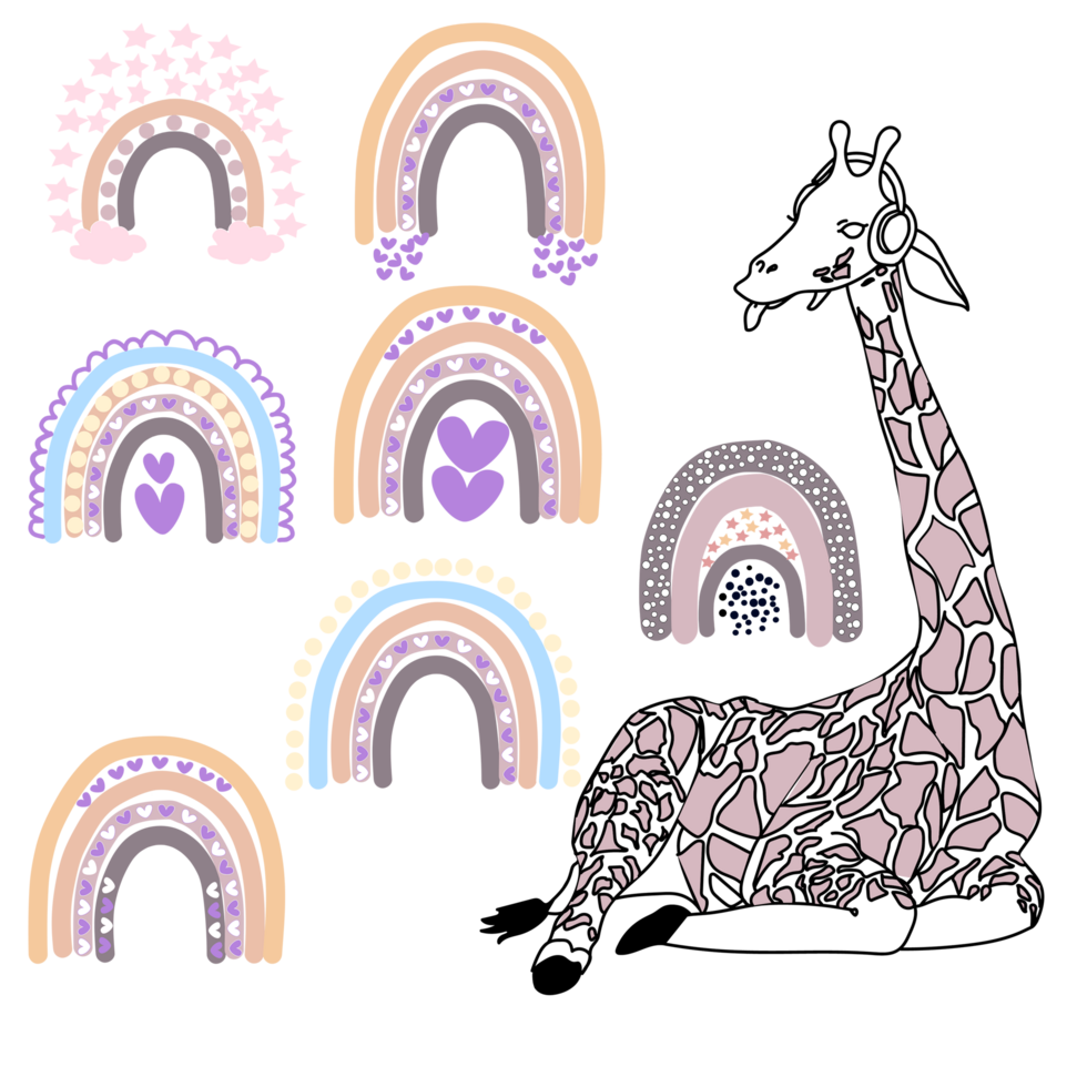 Giraffe illustration and rainbow, png