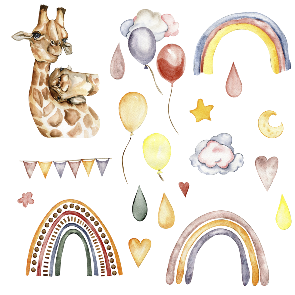 Watecolor hand drawn giraffe illustration and rainbow. png