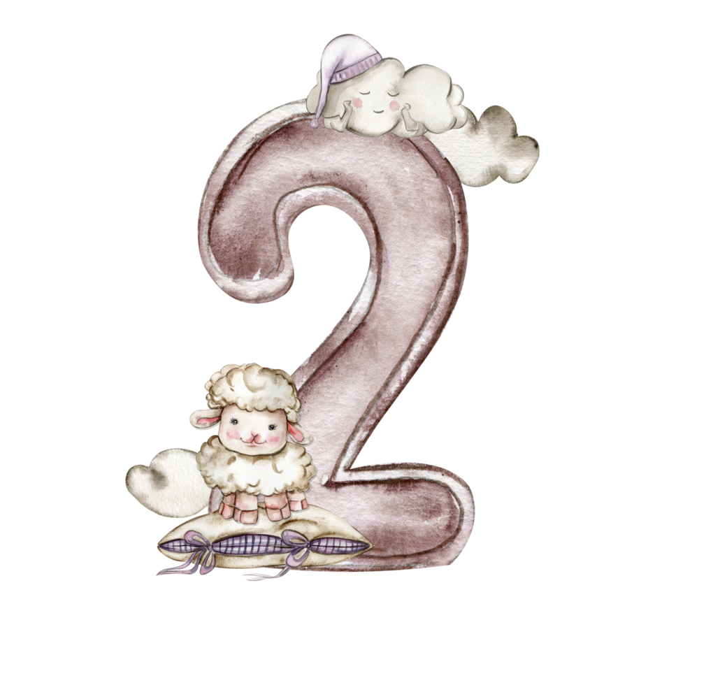 Watercolor hand drawn numbers and fluffy sheep composition. Illustration of a numbers. Perfect for scrapbooking, kids design, wedding invitation, posters, greetings cards, party decoration. png