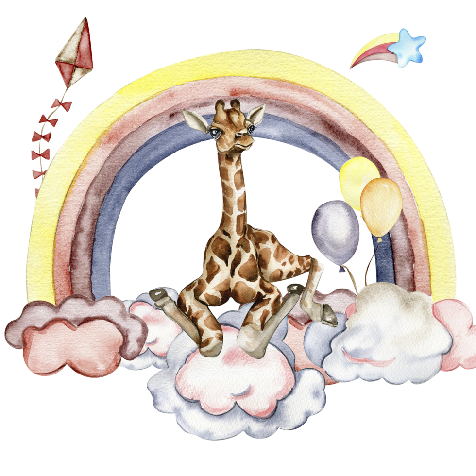 Watercolor hand painted cute rainbow.and giraffe Illustration. Design for baby shower party, birthday, cake, holiday design, greetings card, invitation. png