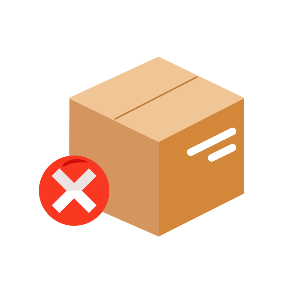 Cardboard box with cross mark. Shipment checklist delivery concept. Cartoon png