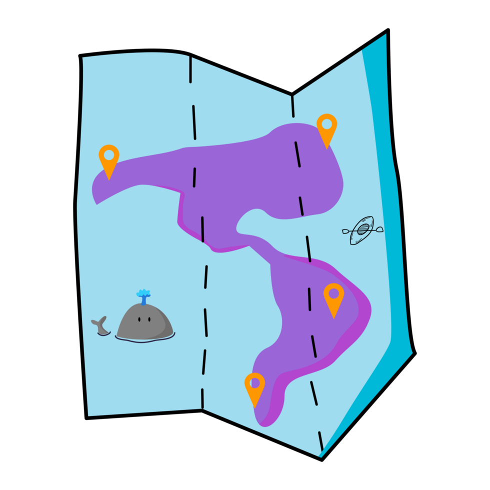 Folded map and location pin. cartoon png