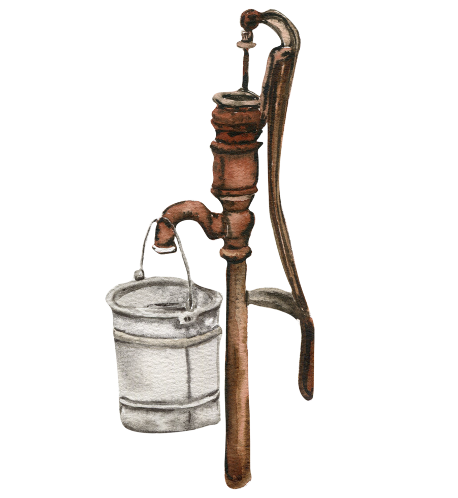 Watercolor illustration of old rusty tap. An old rusty enamel element. png