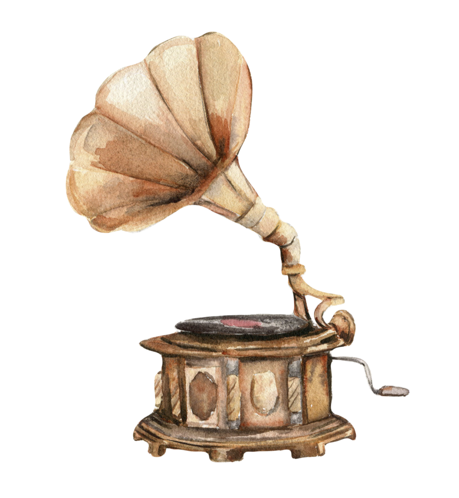 Watercolor illustration of old rusty gramophone. An old rusty enamel element. png