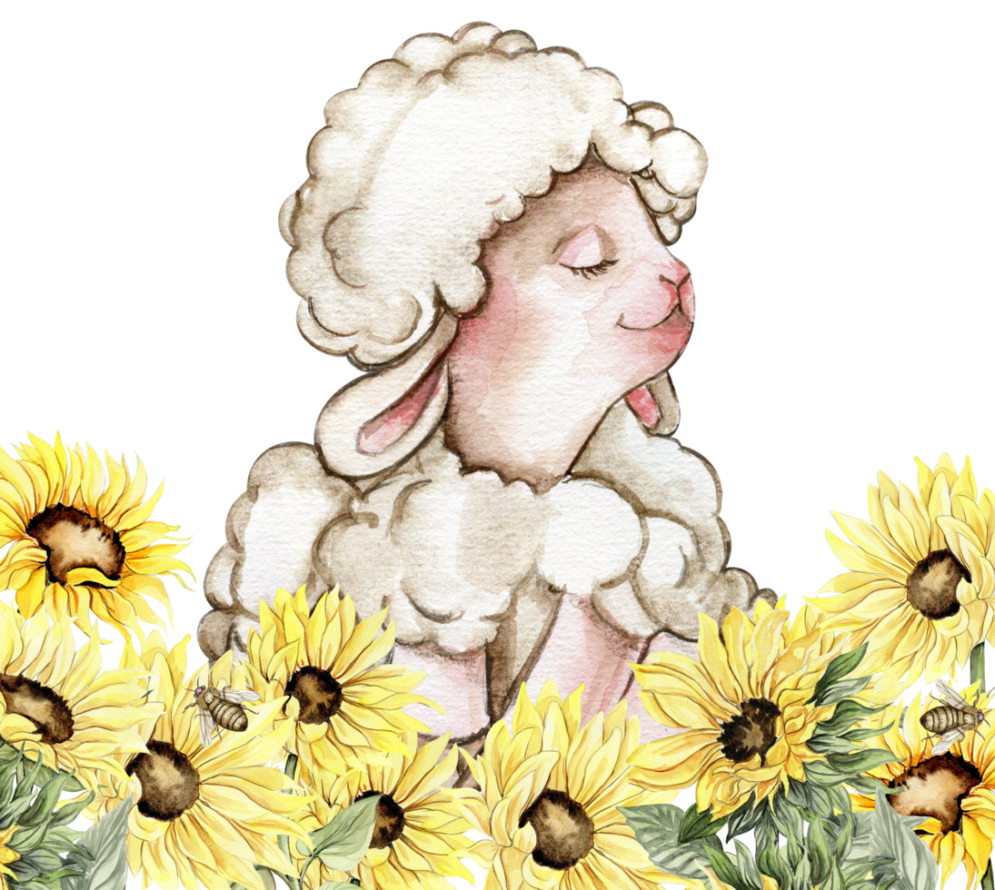 waterverf hand- getrokken schattig wit pluizig schapen zittend in de zonnebloemen. illustratie van boerderij baby dier . perfect voor bruiloft uitnodiging, groeten kaart, poster, kleding stof patroon. png