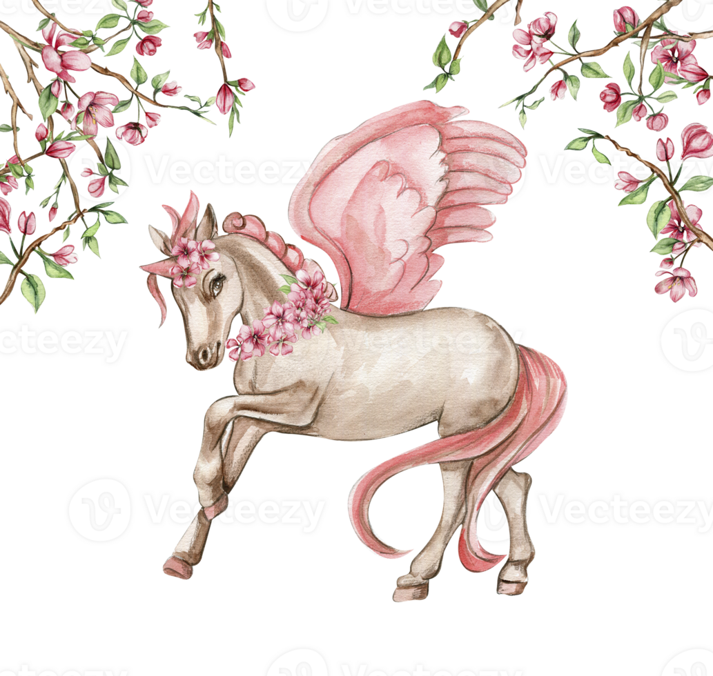 White unicorn with pink wings and pink flowers. For nursery, baby shower, invitation for birthday party. Watercolor illustration for greeting card, posters, stickers, packaging. png