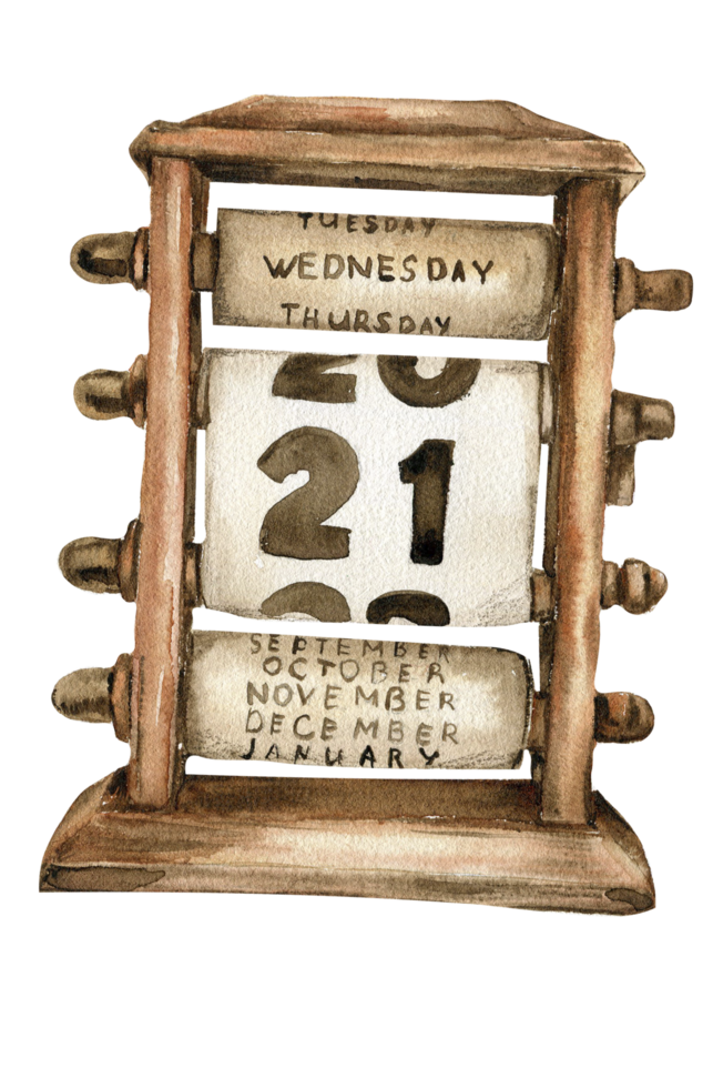 Watercolor illustration of old rusty green calendar. An old rusty enamel element. Hand drawn in watercolour . Perfect for wedding invitation, greetings card, posters, party decor. png