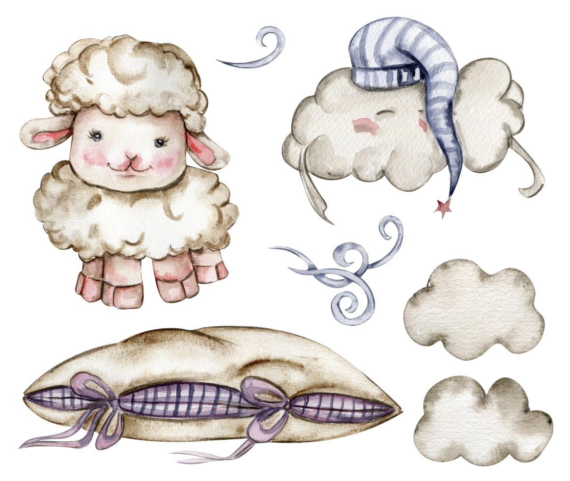 Watercolor hand drawn cute white fluffy sheep, clouds and soft pillows. png