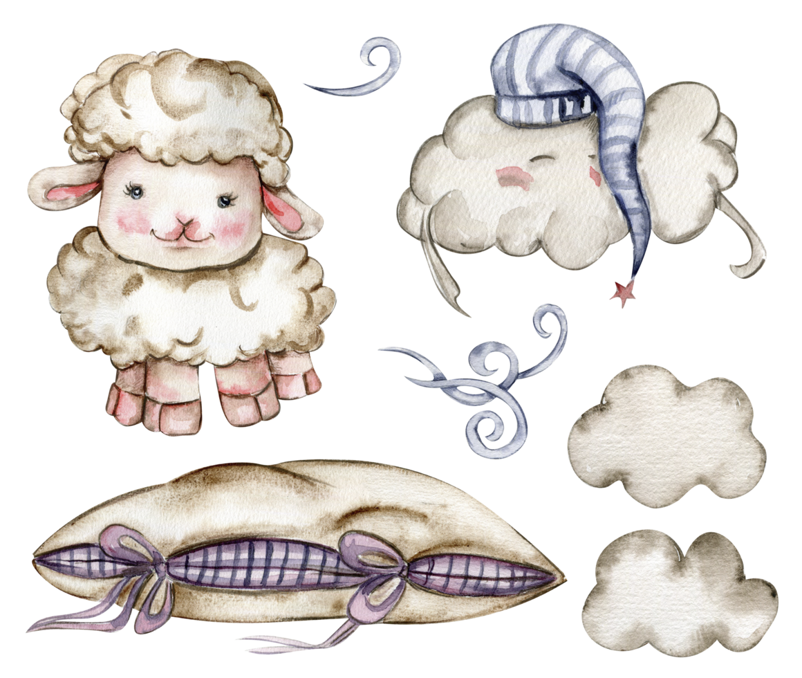 aquarelle main tiré mignonne blanc duveteux mouton, des nuages et doux oreillers. png