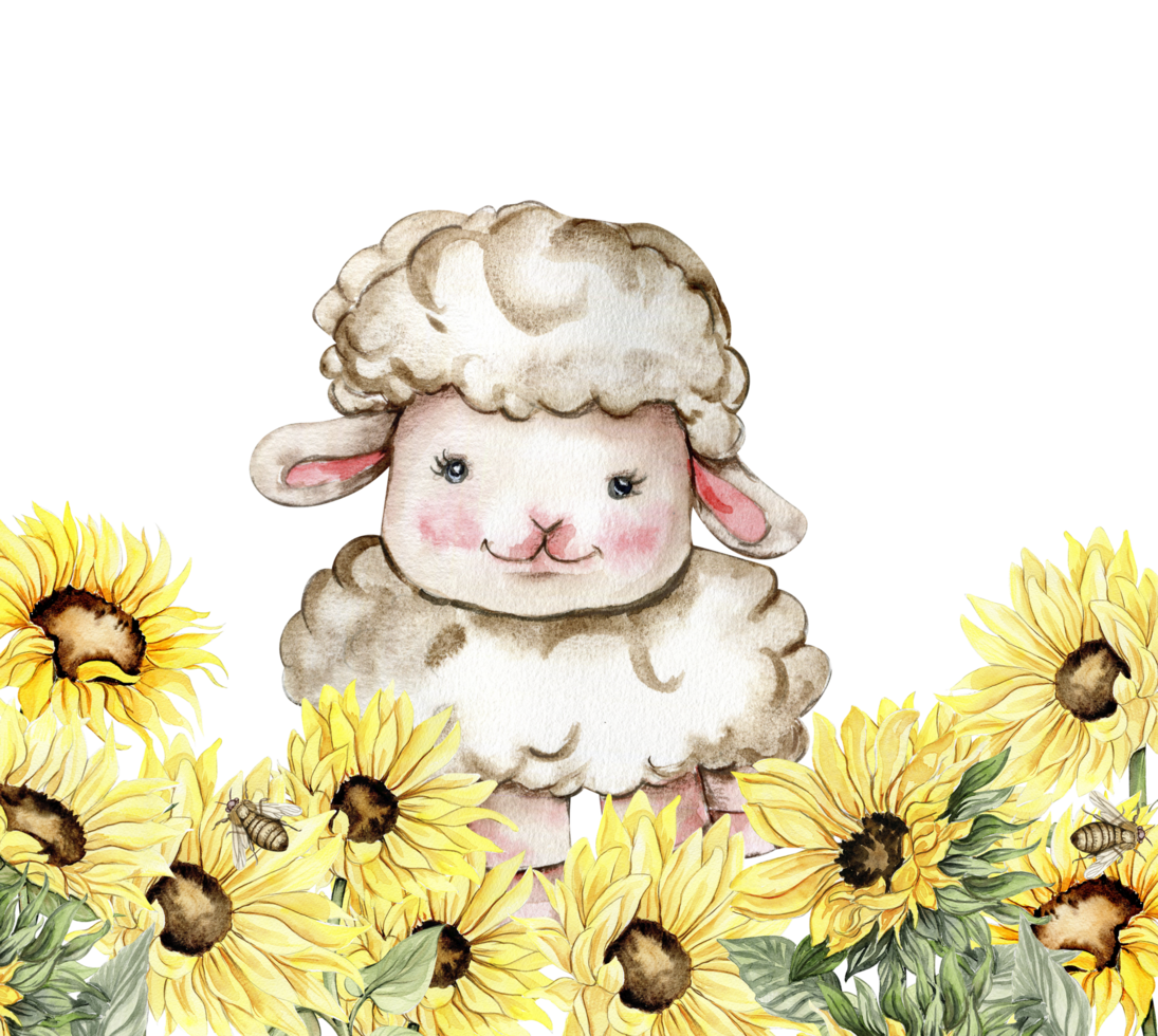 Watercolor hand drawn cute white fluffy sheep sitting in the sunflowers. Illustration of farm baby animal . Perfect for wedding invitation, greetings card, poster, fabric pattern. png