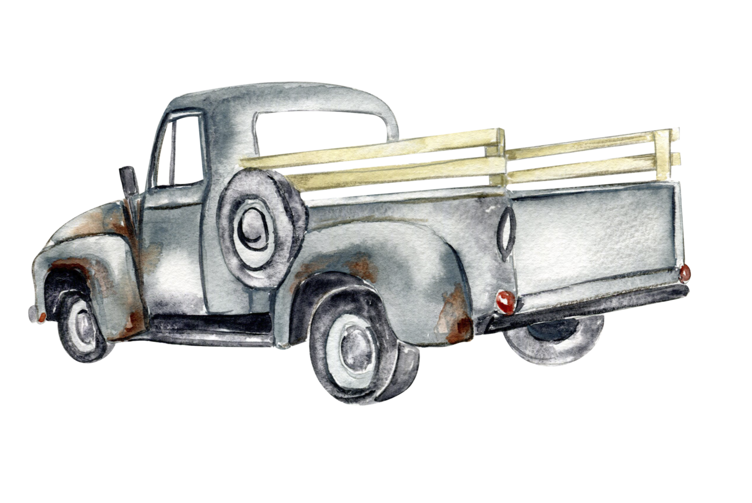 Vintage watercolor gray truck, hand drawn illustration of old retro car on . png