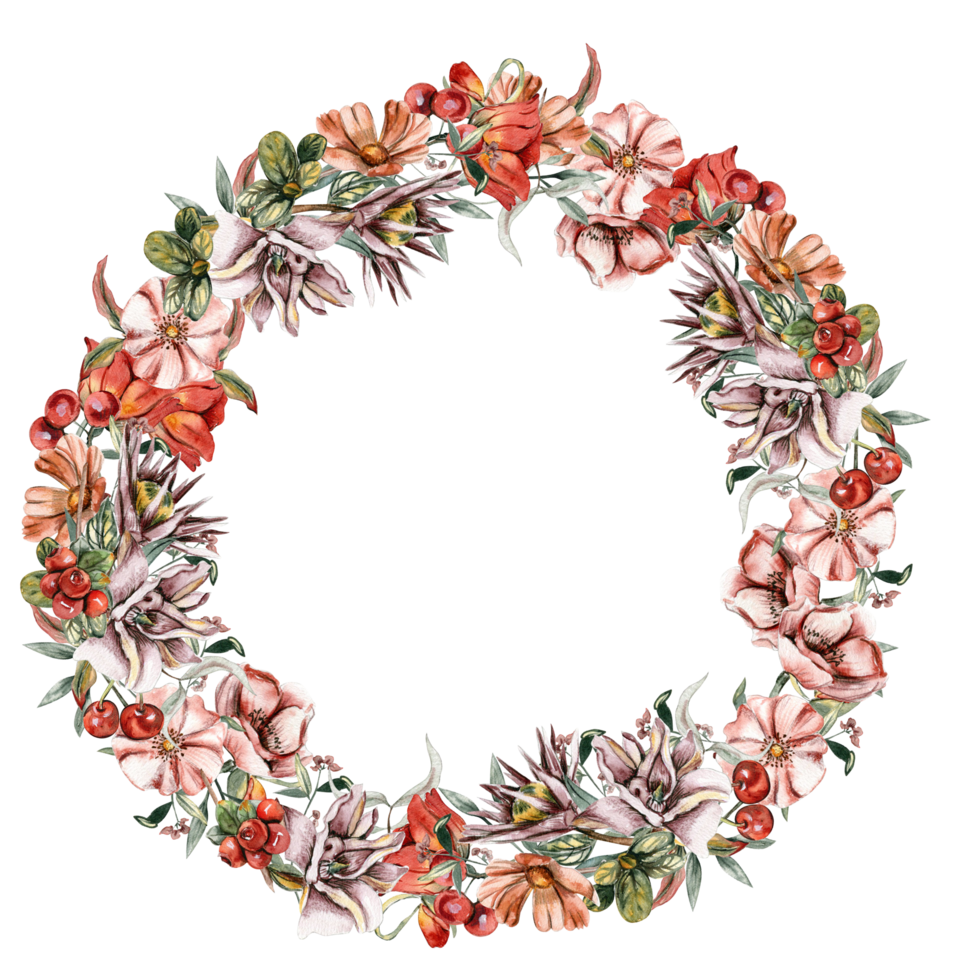 Flowers autumn wreath, for card,background. Watercolor illustration for scrapbooking . Cartoon hand drawn background with flower for design. Perfect for wedding invitation. png