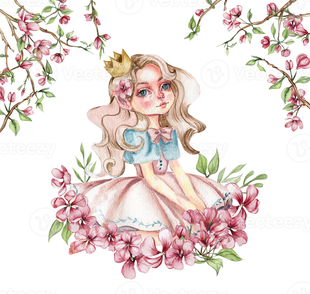 Composition of flower fairy, little princess dressed in pink with flower illustration. Watercolor illustration for greeting card, posters, stickers, packaging. png