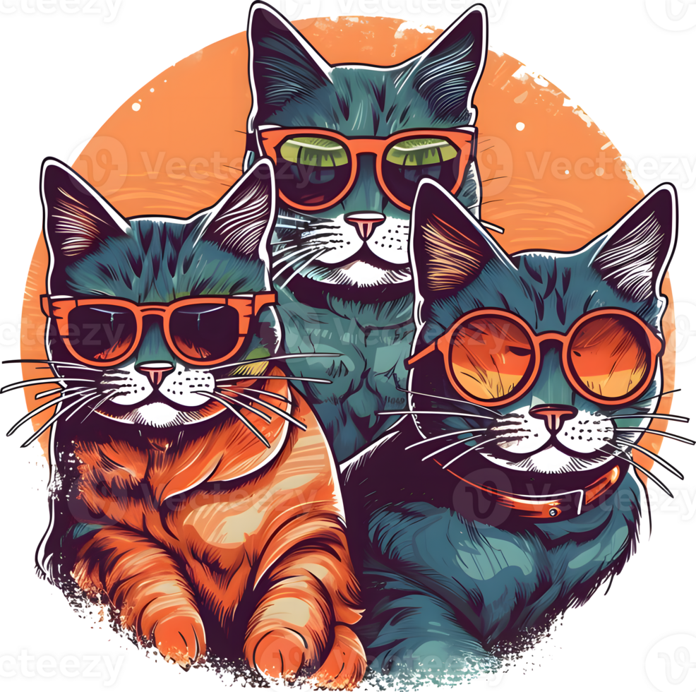 ai gegenereerd - sticker - drie koel katten Bij zonsondergang png