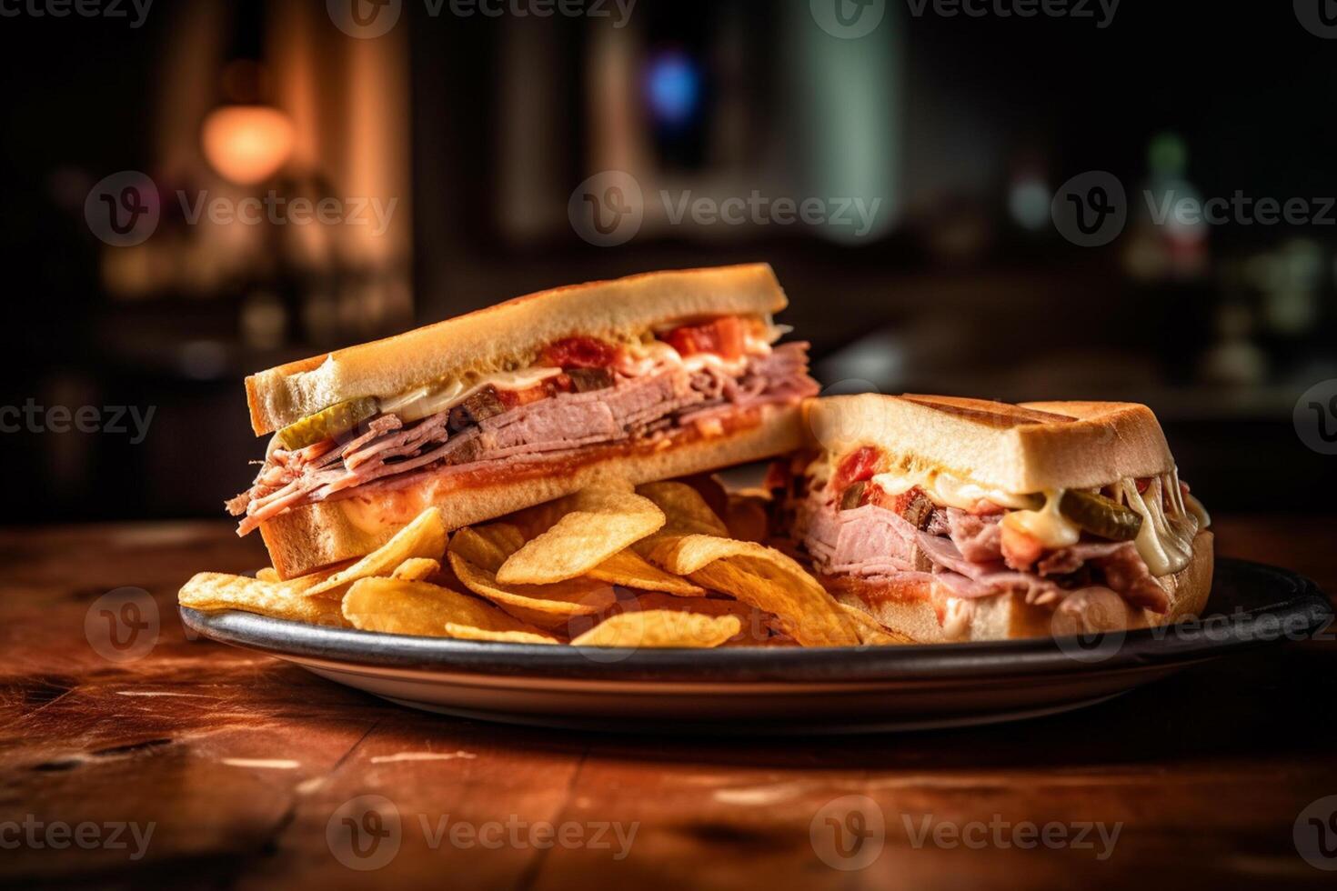 Two cuban sandwiches sitting on a wooden table near a cup of tomato sauce and vegetables on the side, Low-angle Shot, photo