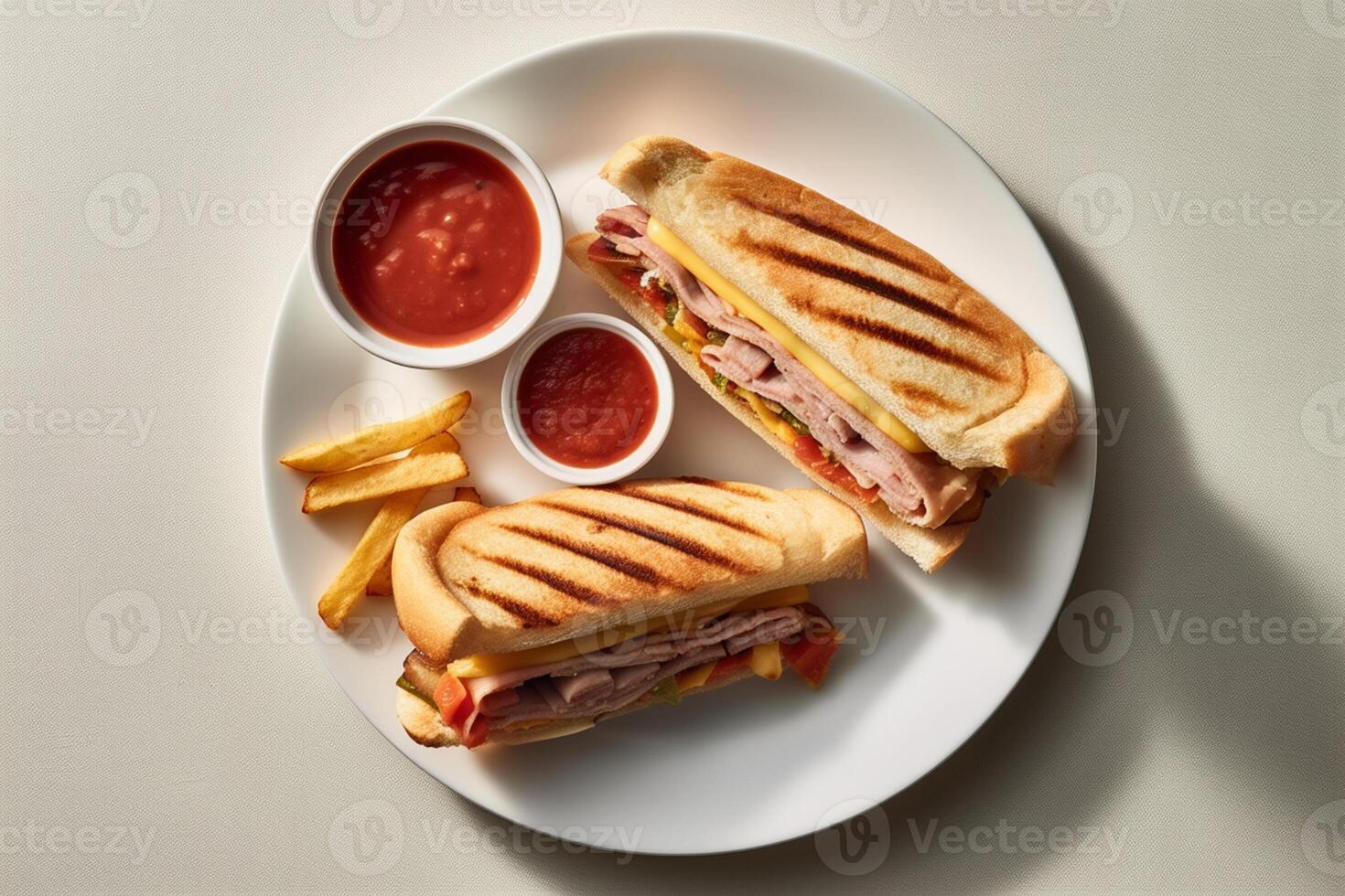 Two cuban sandwiches on top of a white plate with tomato sauce, and vegetables on the side, Flat Lay Shot, photo