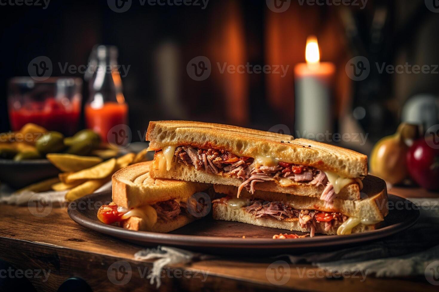 Two cuban sandwiches sitting on a wooden table near a cup of tomato sauce and vegetables on the side, Low-angle Shot, photo